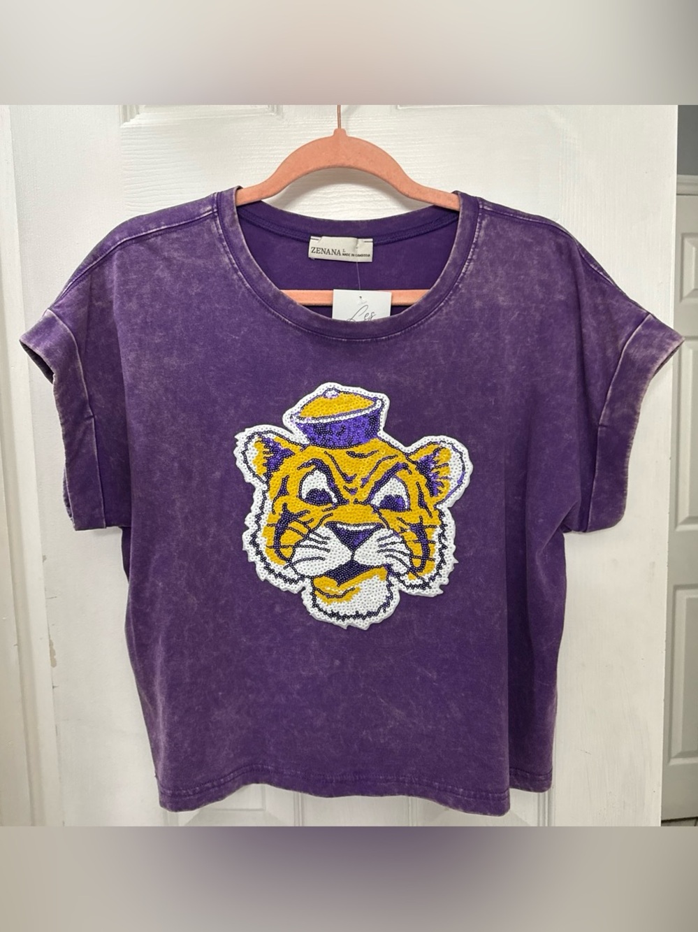 Zenana Outfitters Purple Short-Sleeve Tee with Yellow Tiger Patch
